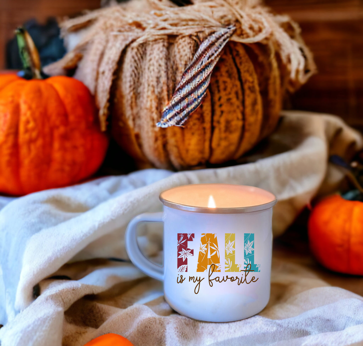FALL Wholesale Enamel Mug Candle - CHOICE of DESIGN & SCENT - QTY 3 CANDLES