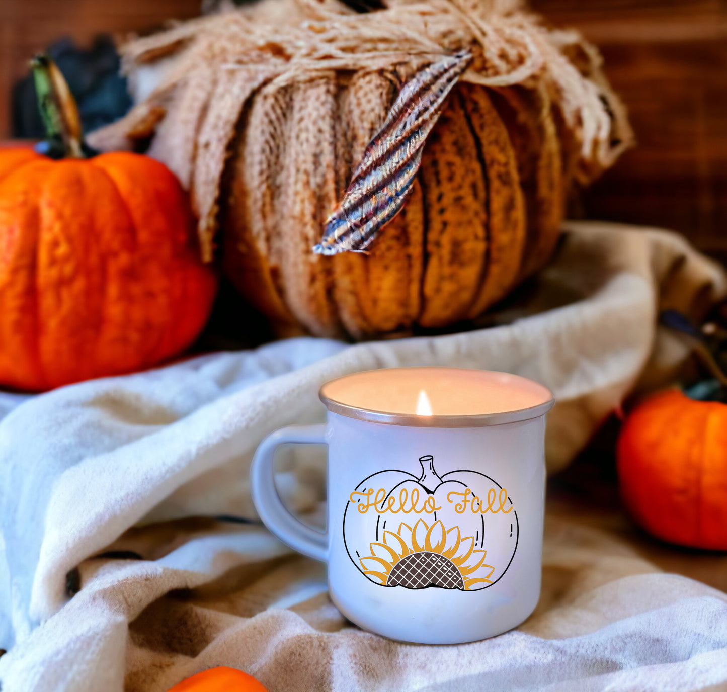 FALL Wholesale Enamel Mug Candle - CHOICE of DESIGN & SCENT - QTY 3 CANDLES