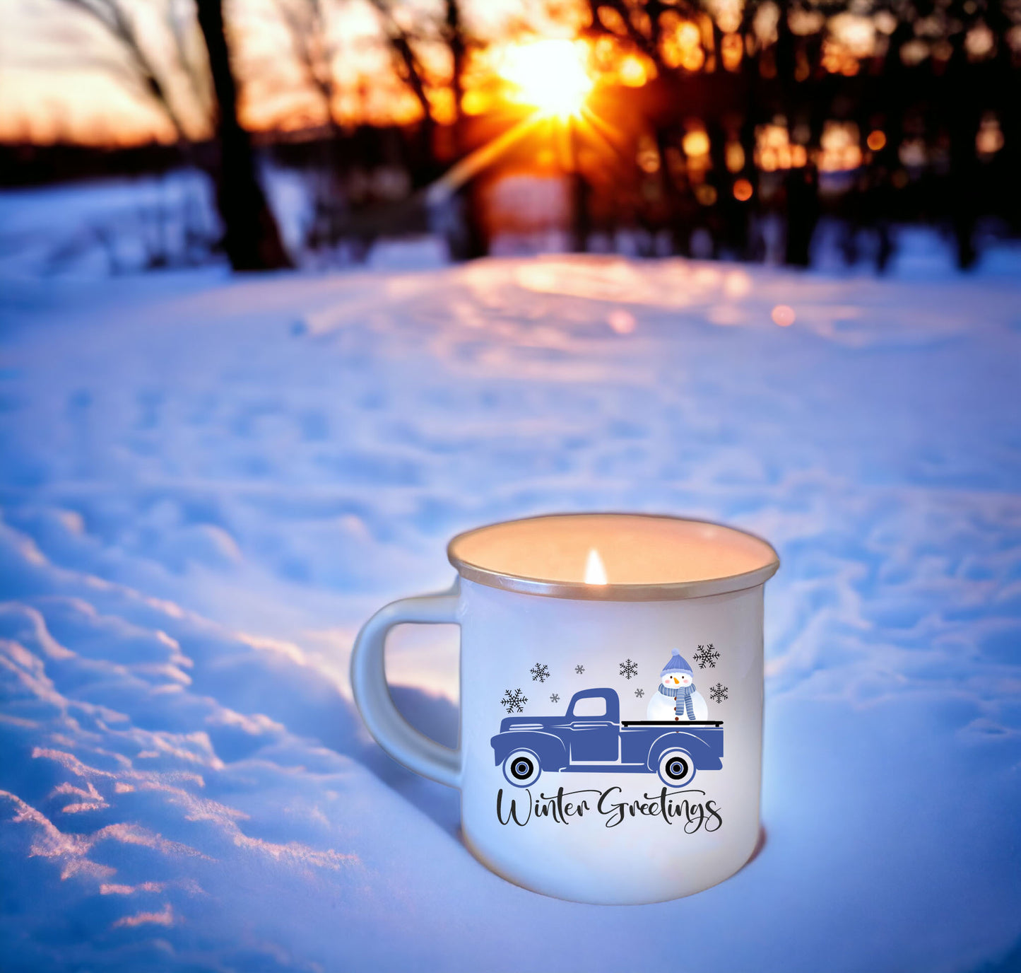 WINTER Wholesale Enamel Mug Candle - CHOICE of DESIGN & SCENT - QTY 3 CANDLES