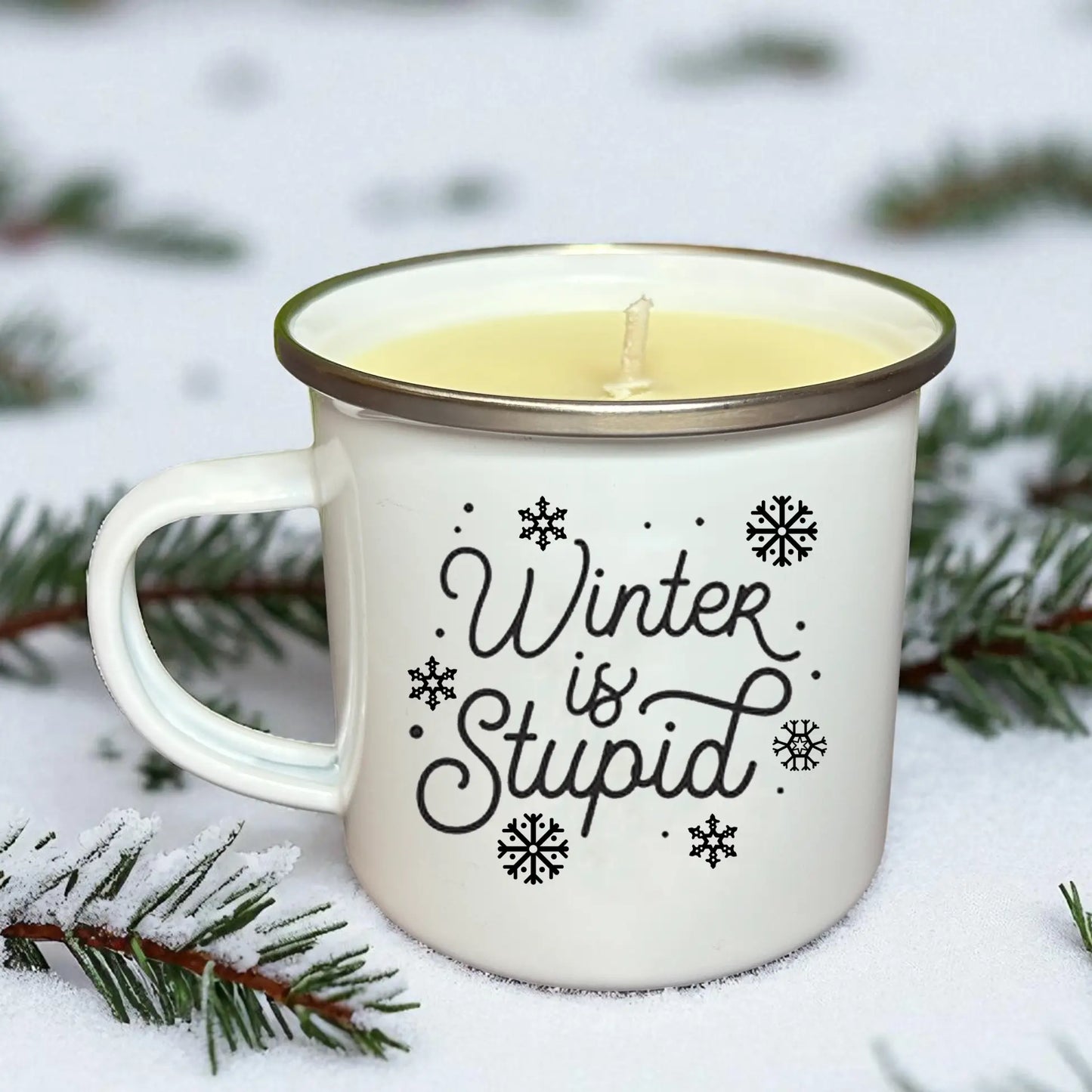 Winter is Stupid Enamel Mug Candle