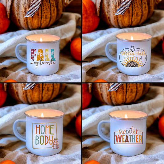 FALL Wholesale Enamel Mug Candle - CHOICE of DESIGN & SCENT - QTY 3 CANDLES