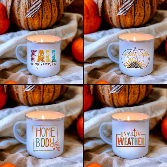 FALL Wholesale Enamel Mug Candle - CHOICE of DESIGN & SCENT - QTY 3 CANDLES