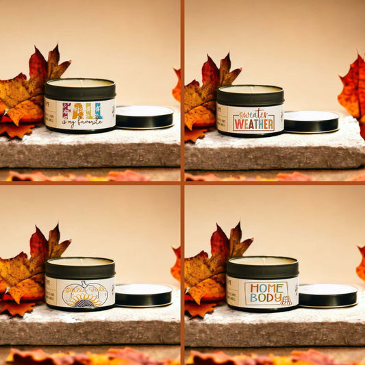 FALL Wholesale Candle Tins - CHOICE of DESIGN & SCENT - QTY 6 CANDLES