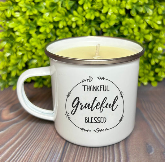 Wholesale Enamel Mug Candle -  Thankful Grateful Blessed - QTY 3 CANDLES