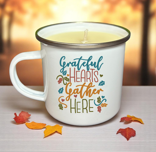 Grateful Hearts Gather Here Fall Enamel Mug Candle