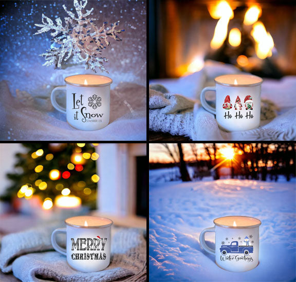 WINTER Wholesale Enamel Mug Candle - CHOICE of DESIGN & SCENT - QTY 3 CANDLES