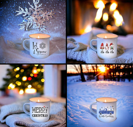 WINTER Wholesale Enamel Mug Candle - CHOICE of DESIGN & SCENT - QTY 3 CANDLES
