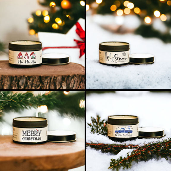 WINTER Wholesale Candle Tins - CHOICE of DESIGN & SCENT - QTY 6 CANDLES