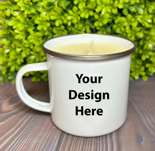 Wholesale Enamel Mug Candle -  CUSTOM DESIGN - QTY 12 CANDLES