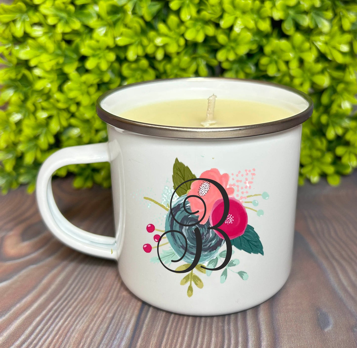 Enamel Mug Candle -  Floral Monogram